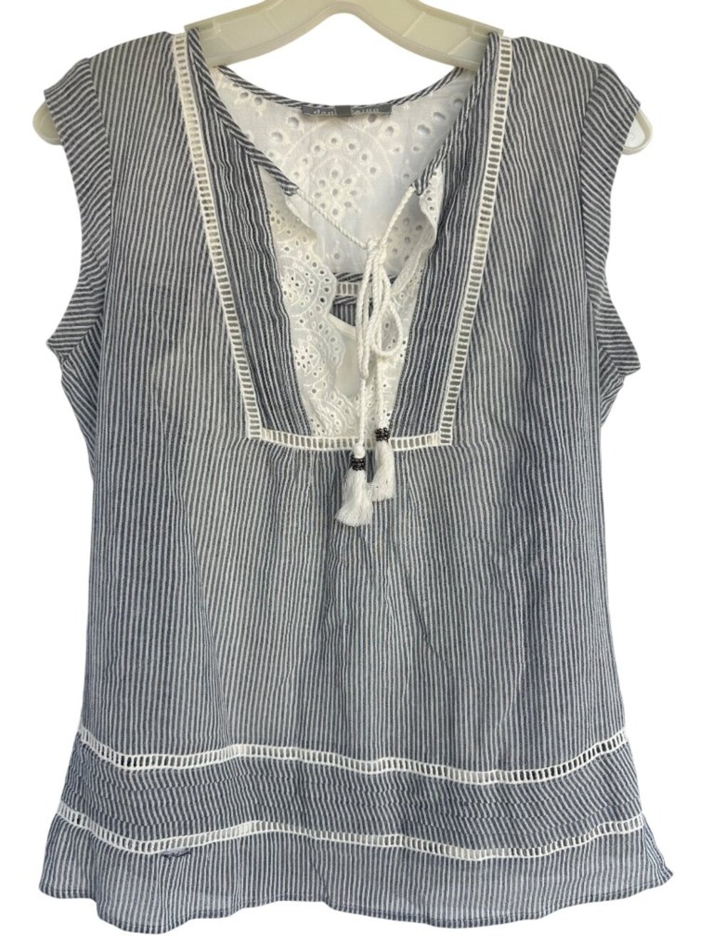 Daniel Rainn Blouse XS Striped Sleeveless Tassel Tie Eyelet Embroidered Coastal